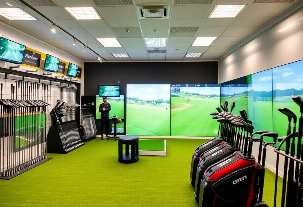 An innovative golf marketplace featuring various golf equipment and a simulator