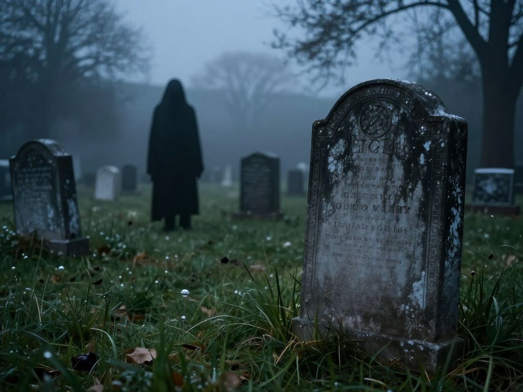 A cemetery scene with fog and a shadowy figure