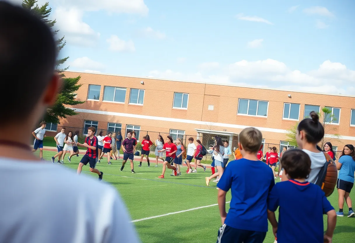 Students participating in various sports at Haddonfield High School athletic event