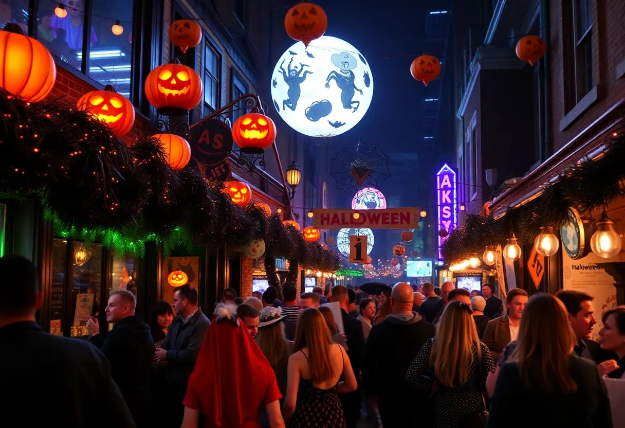 Halloween celebration in Philadelphia with decorations and costumes