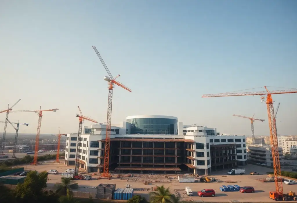 A hospital building site in Philadelphia with cranes and workers.