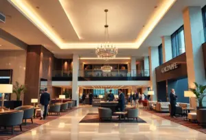 Luxury hotel lobby with guests enjoying their stay