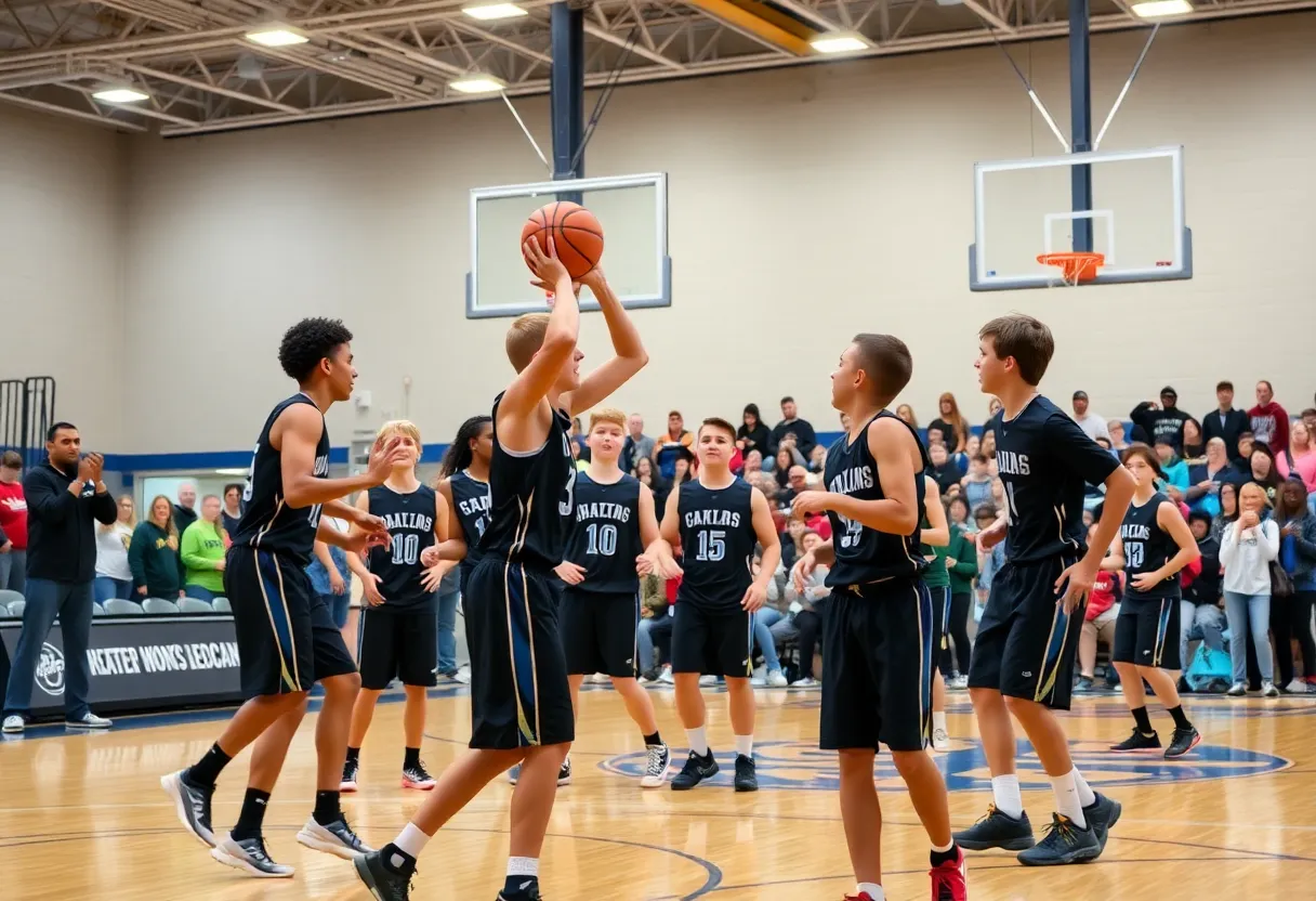 High school basketball players showcasing teamwork during a game