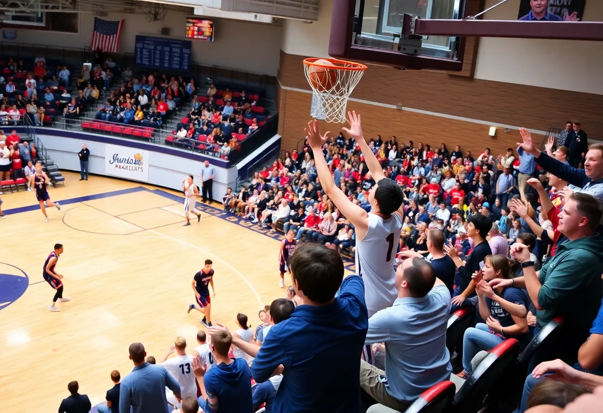 High school basketball players contesting for rebound during a game in the Great Lakes region.