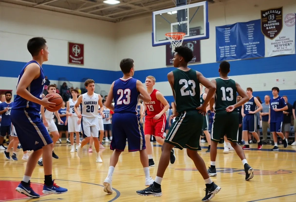 Players in a high school basketball game showing teamwork and competition.