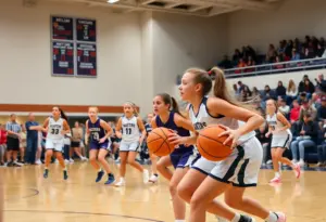 Girls basketball players in action during a high school game