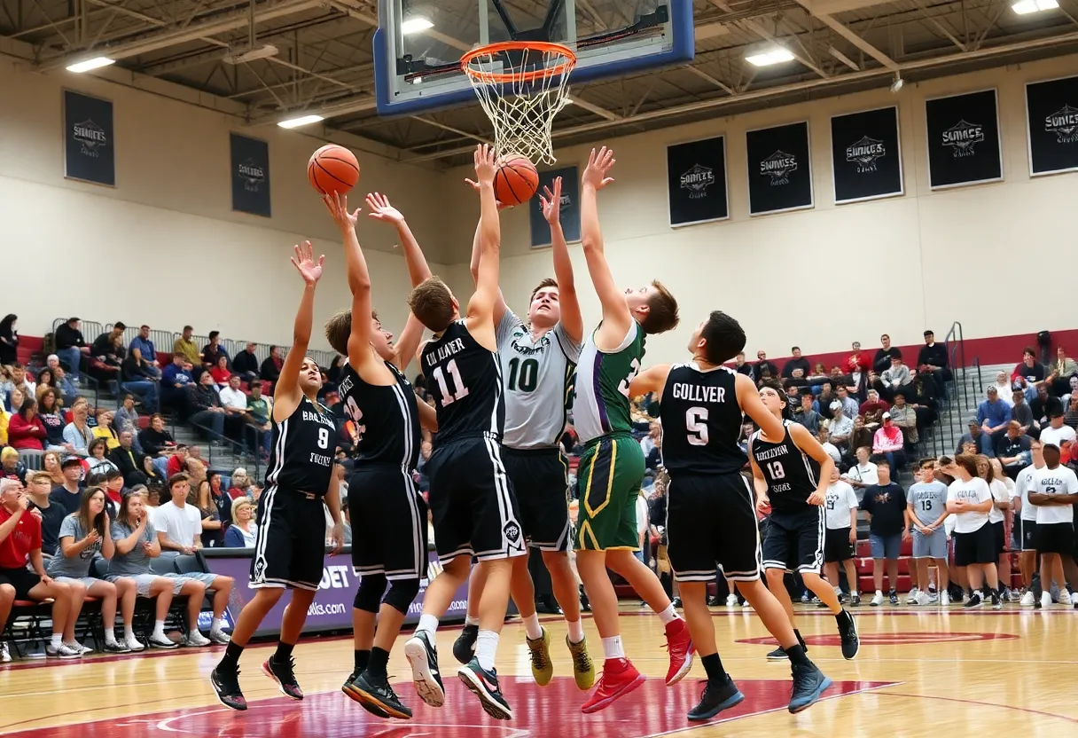 High school basketball players competing for rebounds