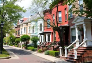 Street view of historic homes in Philadelphia with unique architecture