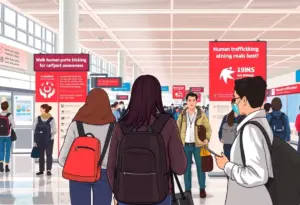 Informational sign on human trafficking awareness in Philadelphia airport