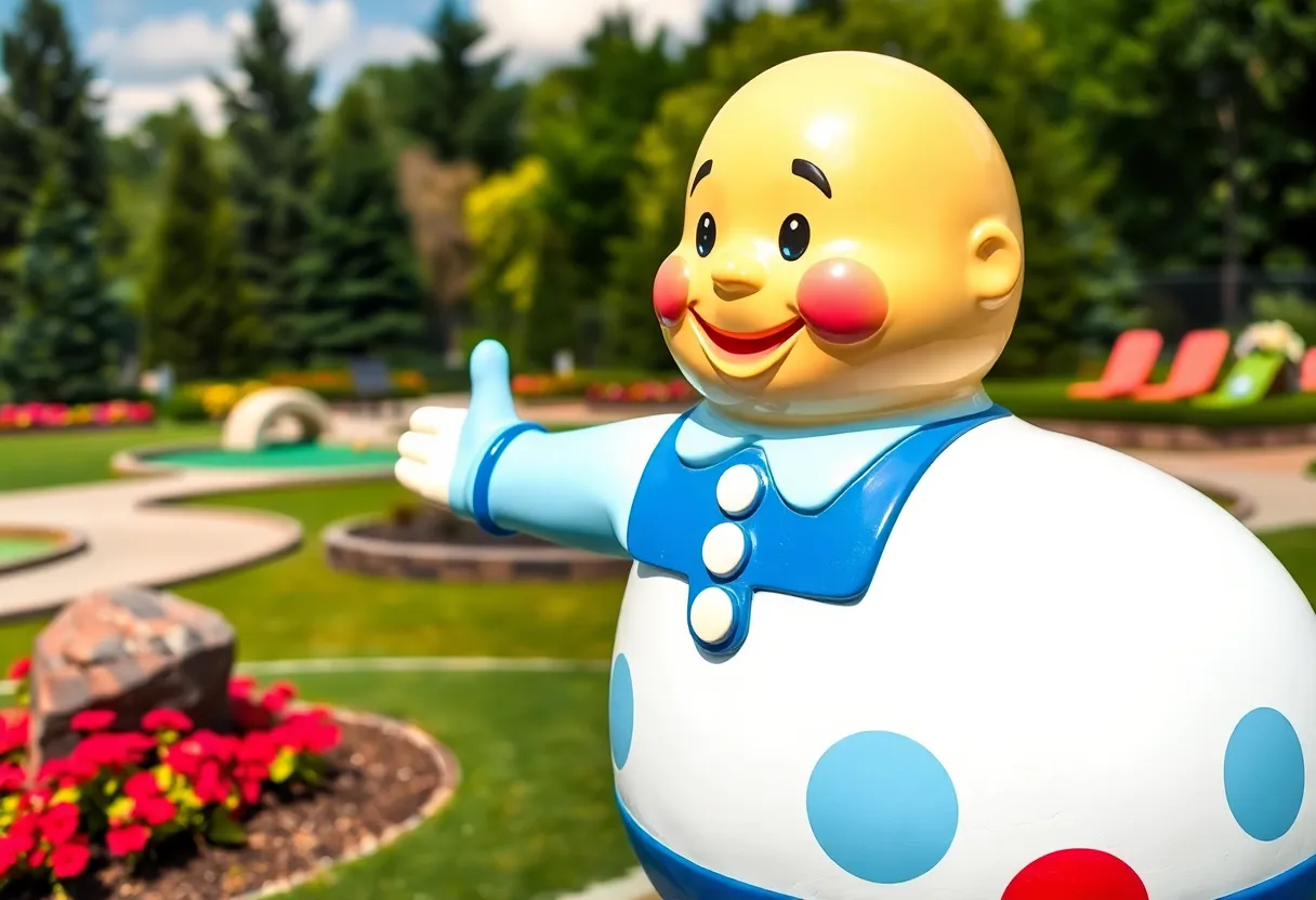 Fiberglass statue of Humpty Dumpty at a golf course