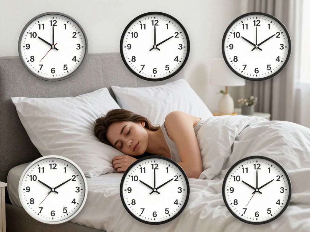 A cozy bedroom illustrating diverse sleep requirements with a clock showing different times.
