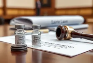 Courtroom scene representing the lawsuit against insulin price inflation