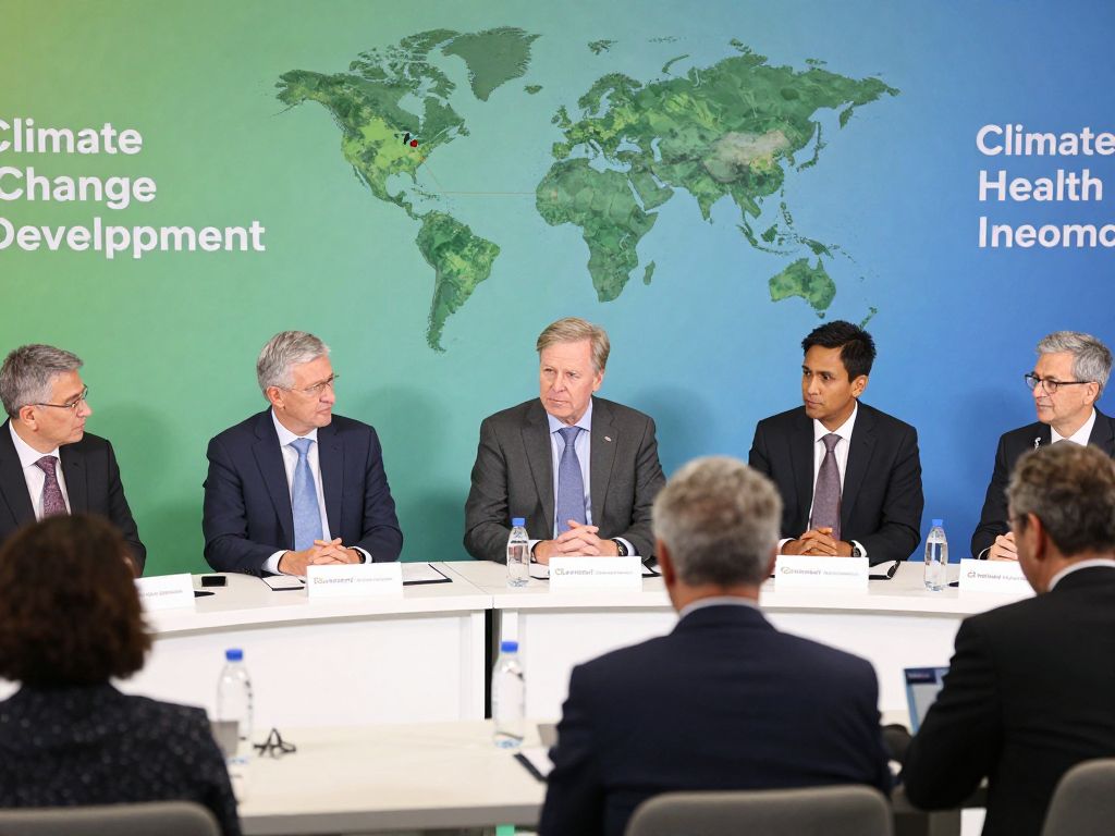 Experts discussing global development strategies at a conference.