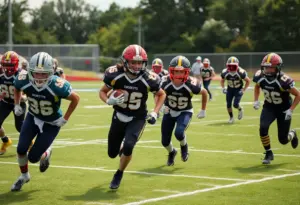 Young football players in action during a high school game