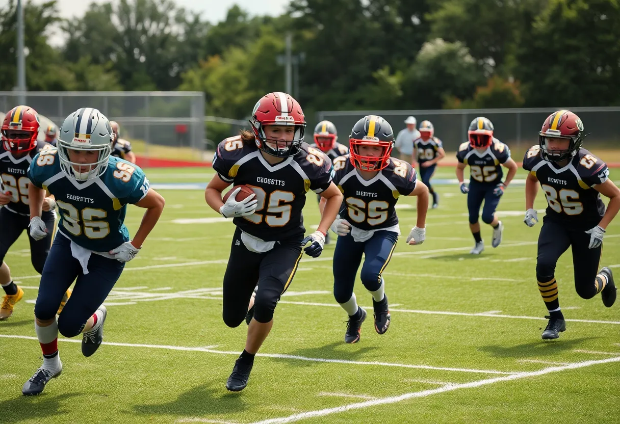 Young football players in action during a high school game