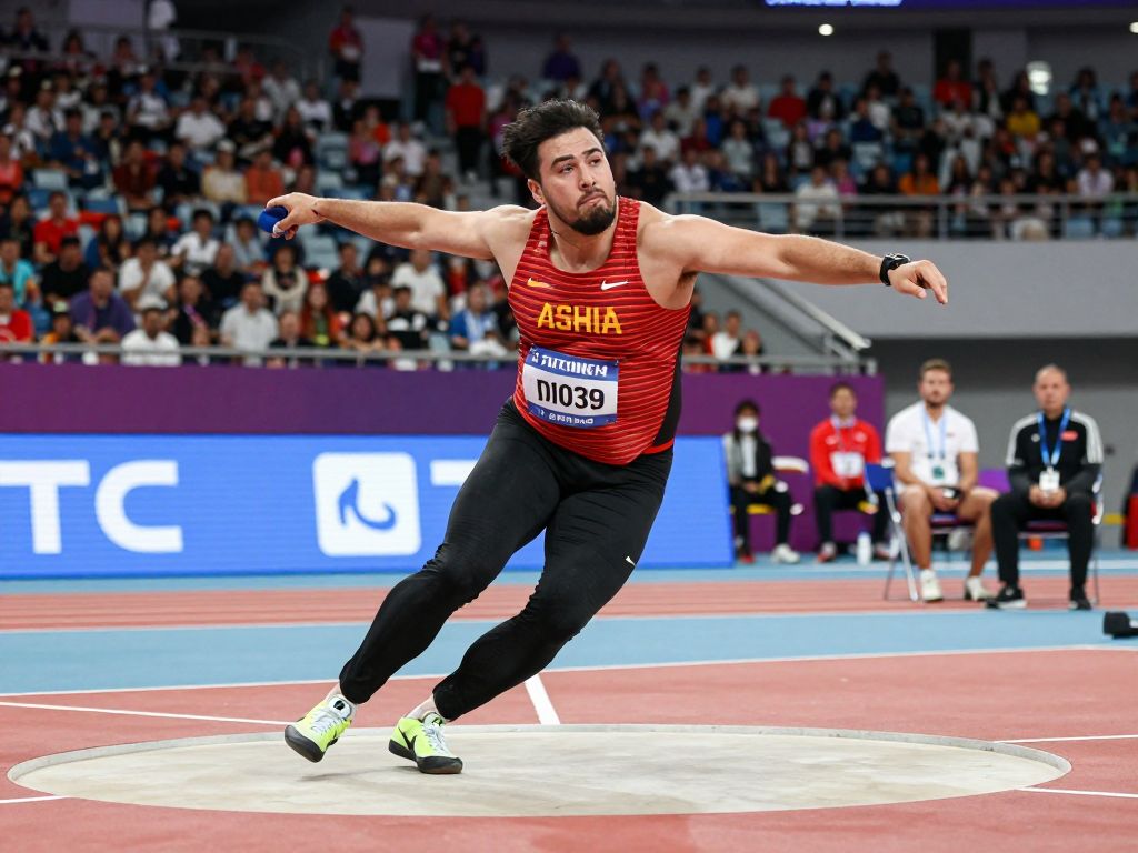 Athlete throwing shot put in indoor arena