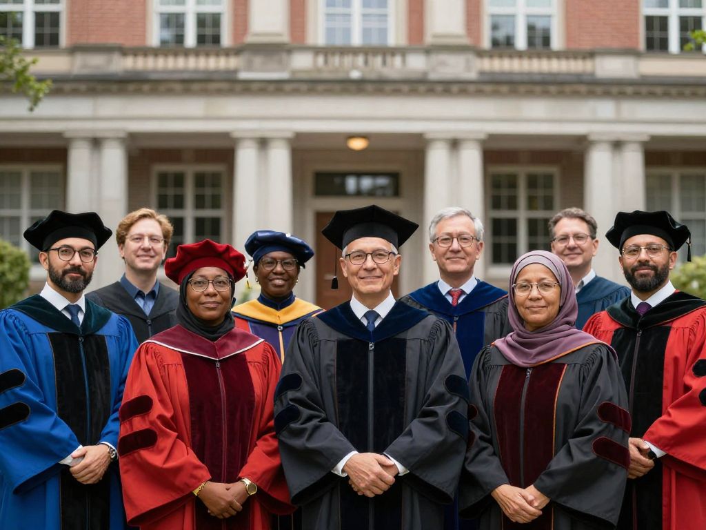 Diverse academic faculty showing support in front of a university building
