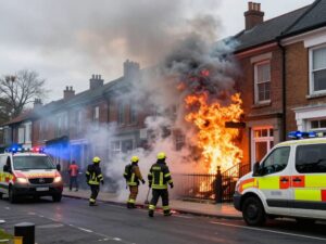 Firefighters battling a fire in a rowhome in Kensington, Philadelphia