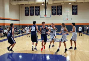 Kimberton Waldorf basketball players in action against Solebury Spartans