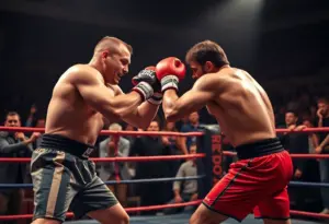 Dynamic scene of KnuckleMania VI with fighters and crowd