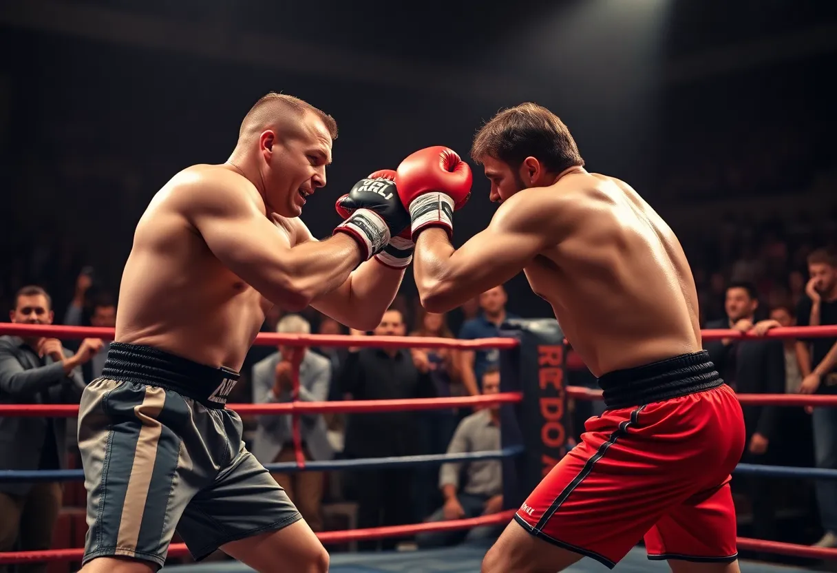 Dynamic scene of KnuckleMania VI with fighters and crowd