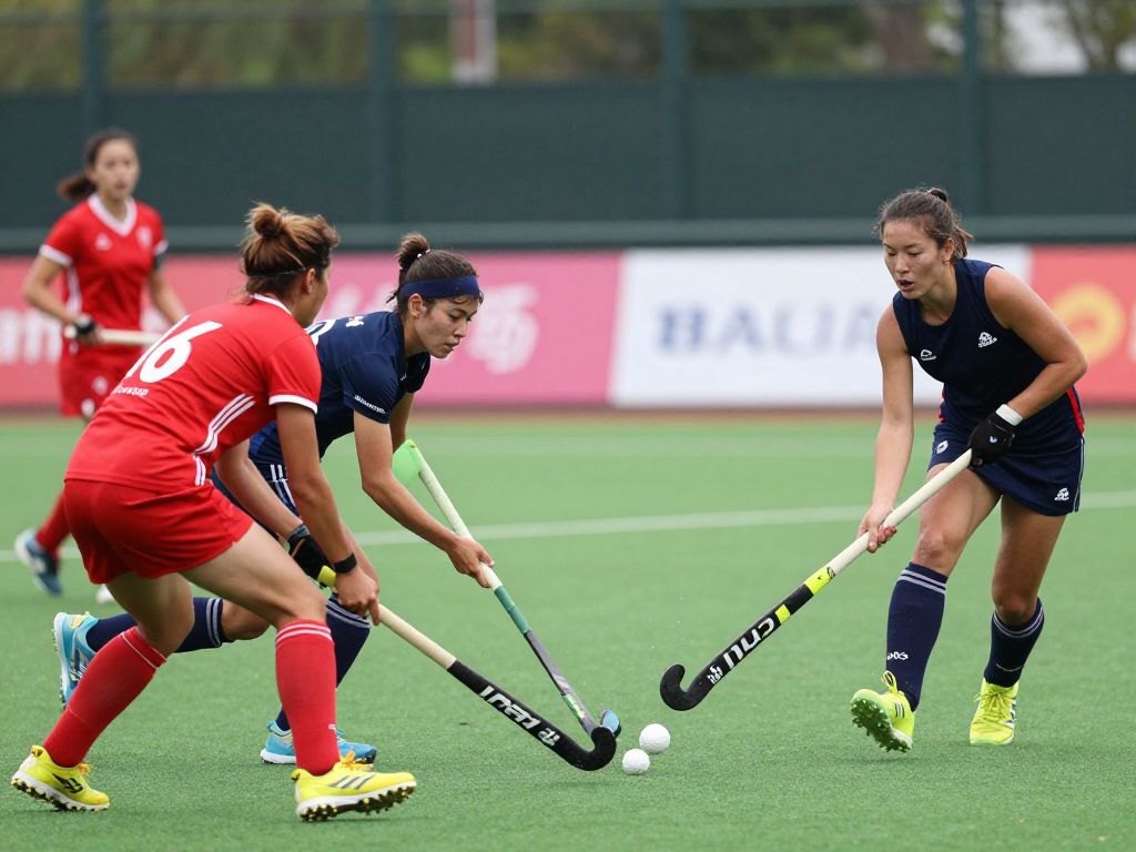 Field hockey players from La Salle University competing energetically on the field.