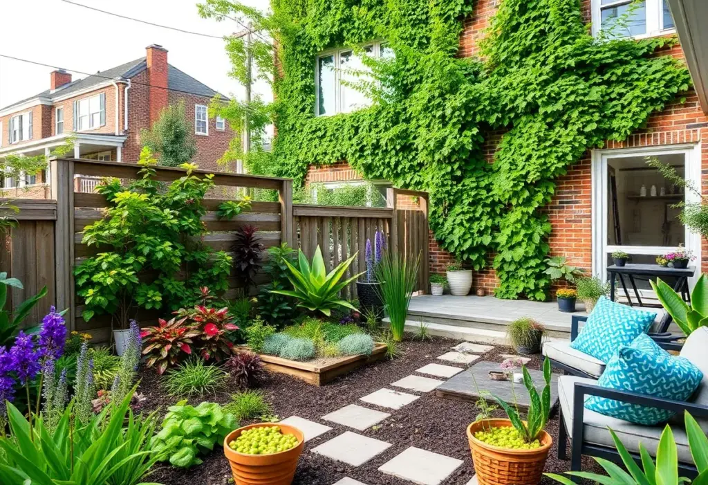 Sustainable landscaping in a Philadelphia yard with native plants and outdoor living space.