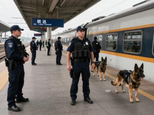 Law enforcement officers conducting an investigation at a train station.