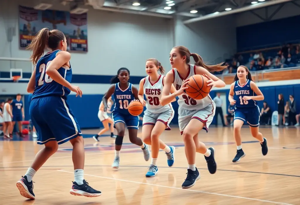 Lawrenceville girls basketball team playing energetically during a game