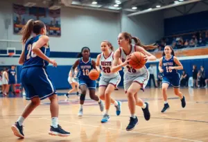 Lawrenceville girls basketball team playing energetically during a game