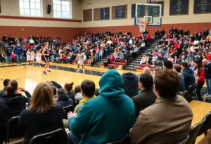 High school basketball game in the Lehigh Valley with snow outside.