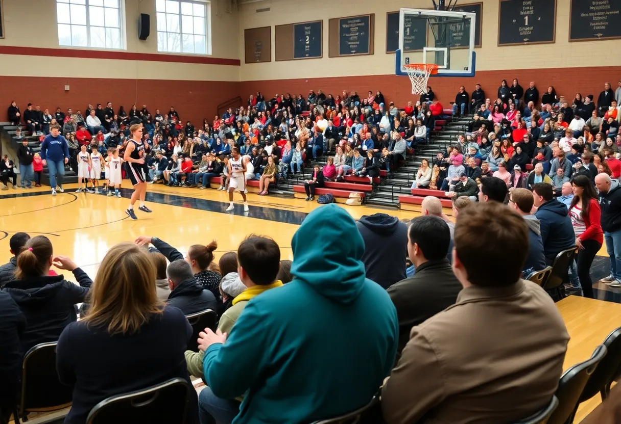 High school basketball game in the Lehigh Valley with snow outside.