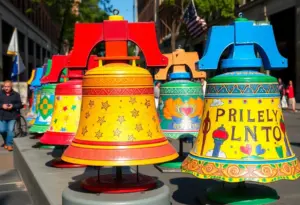 Colorful Liberty Bell replicas displayed in various neighborhoods of Philadelphia.