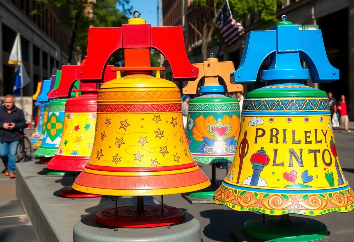 Colorful Liberty Bell replicas displayed in various neighborhoods of Philadelphia.