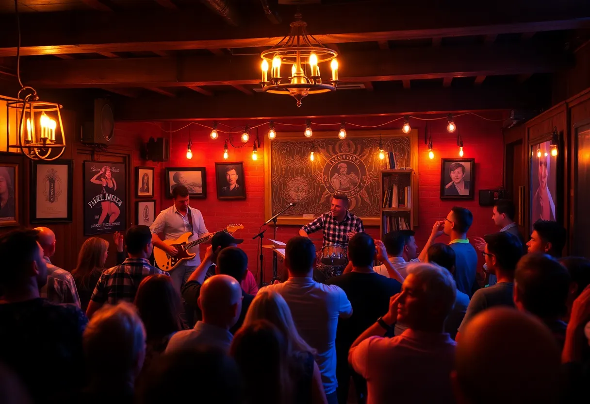 A band performing live at a local bar with audience enjoying the music.