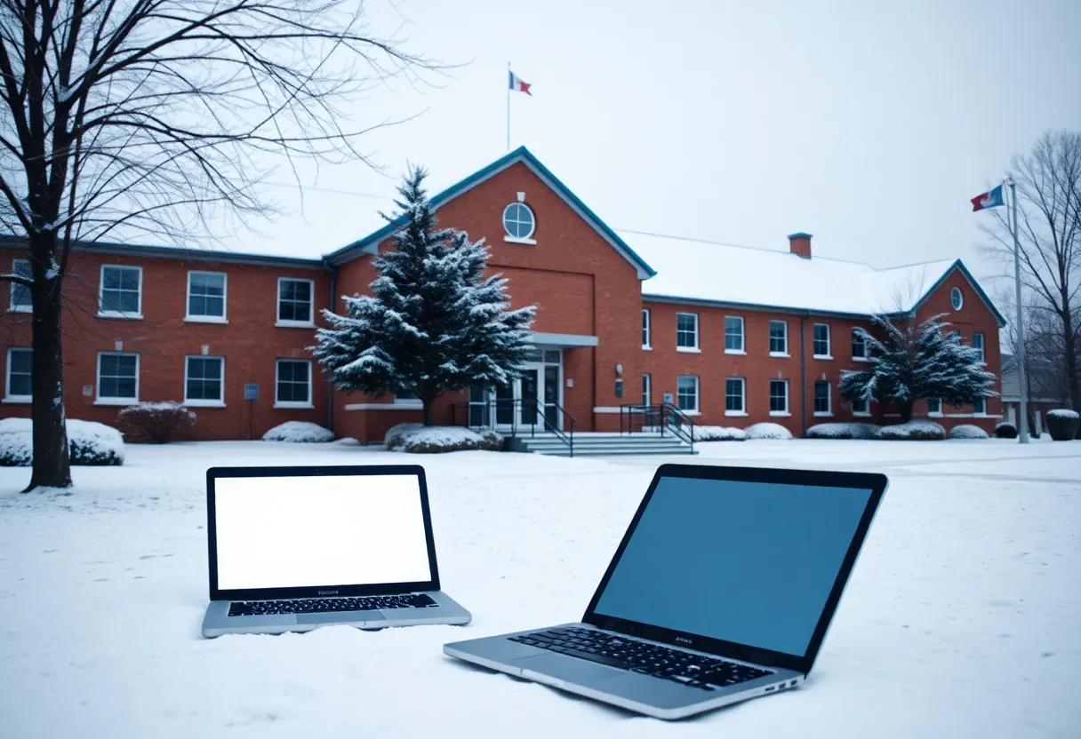 Snow-covered Lower Merion School during virtual learning day