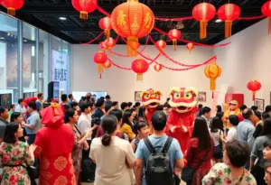 Festive atmosphere during the Lunar New Year celebration at the Penn Museum with colorful decorations and traditional performances.