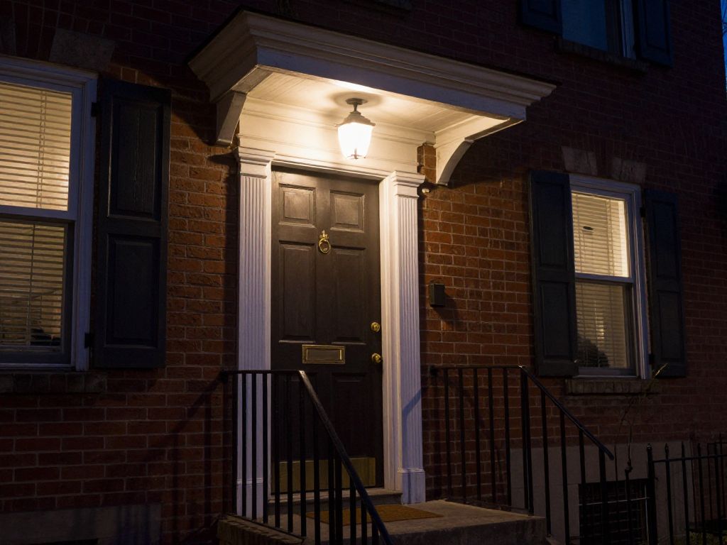 Illuminated front porch door in Manayunk, Philadelphia