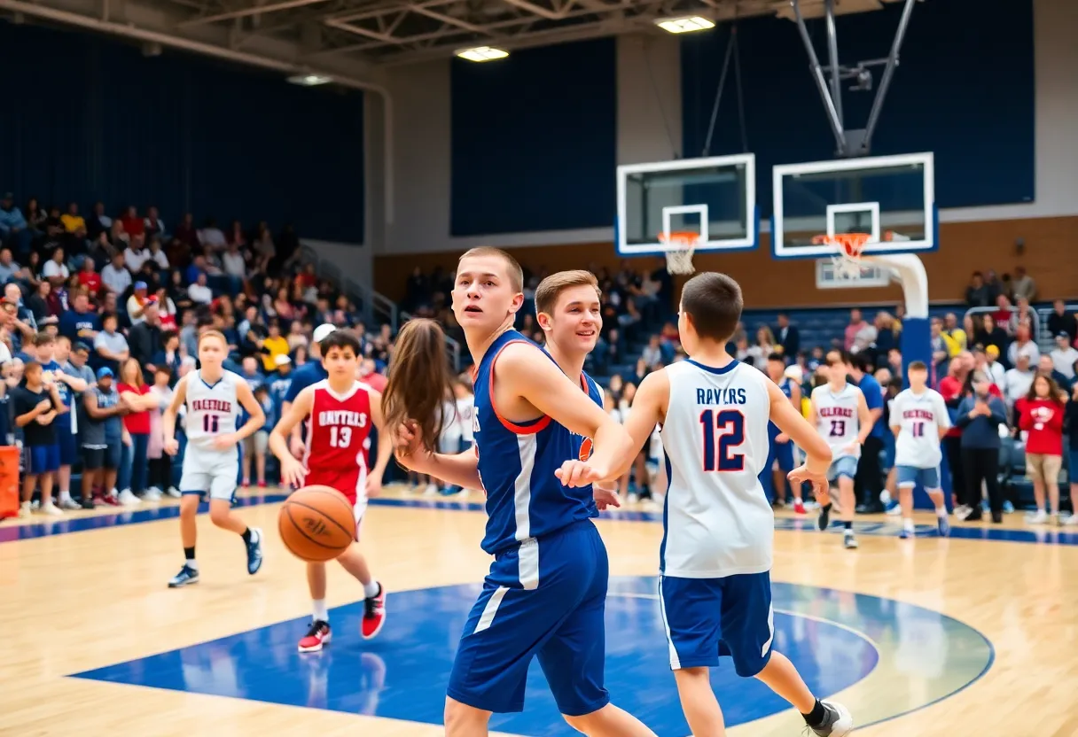 High school basketball players in action during a game.