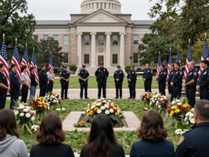 Memorial gathering for a fallen police officer near a university