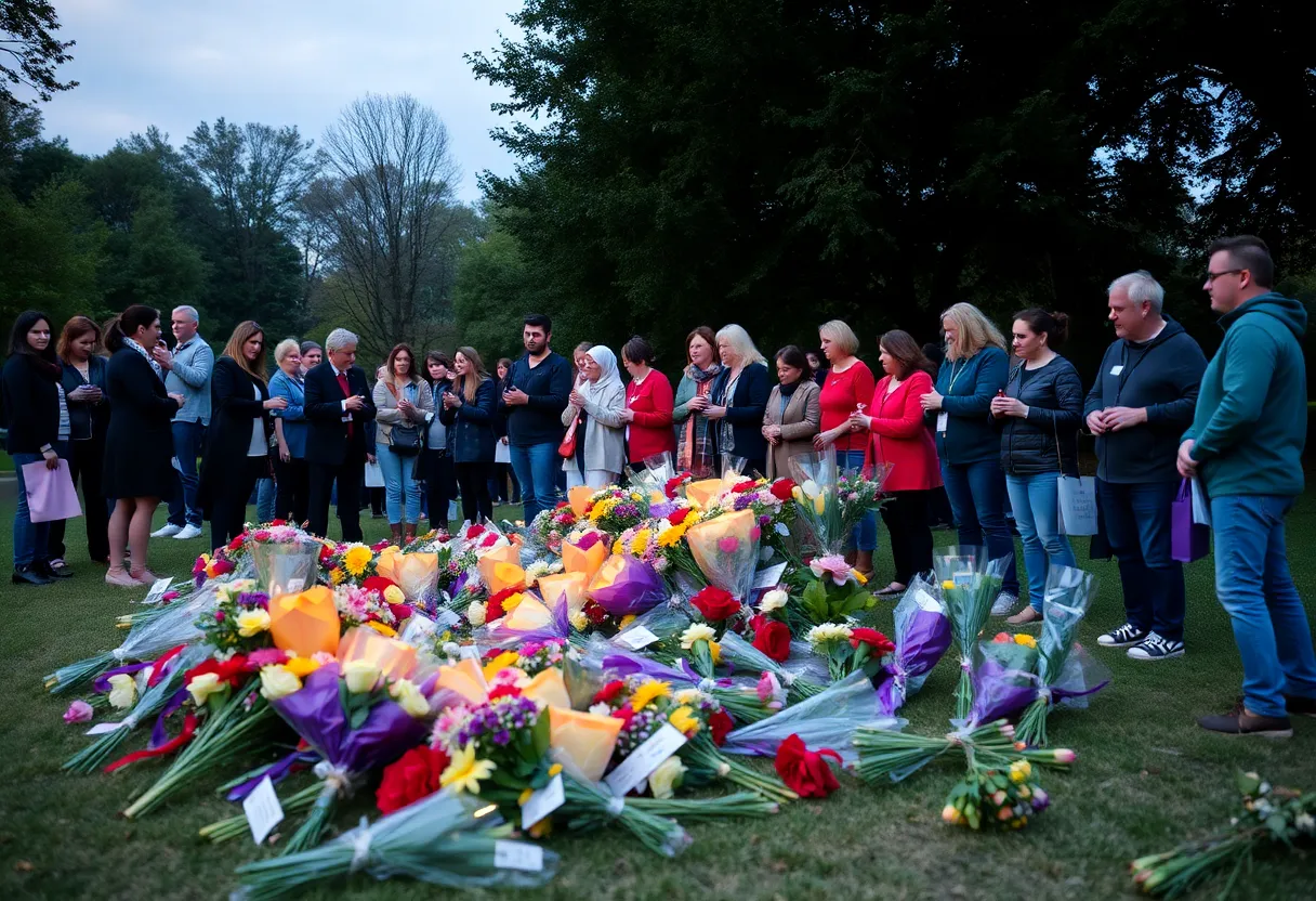 Community memorial with flowers and candles after a tragic jet crash