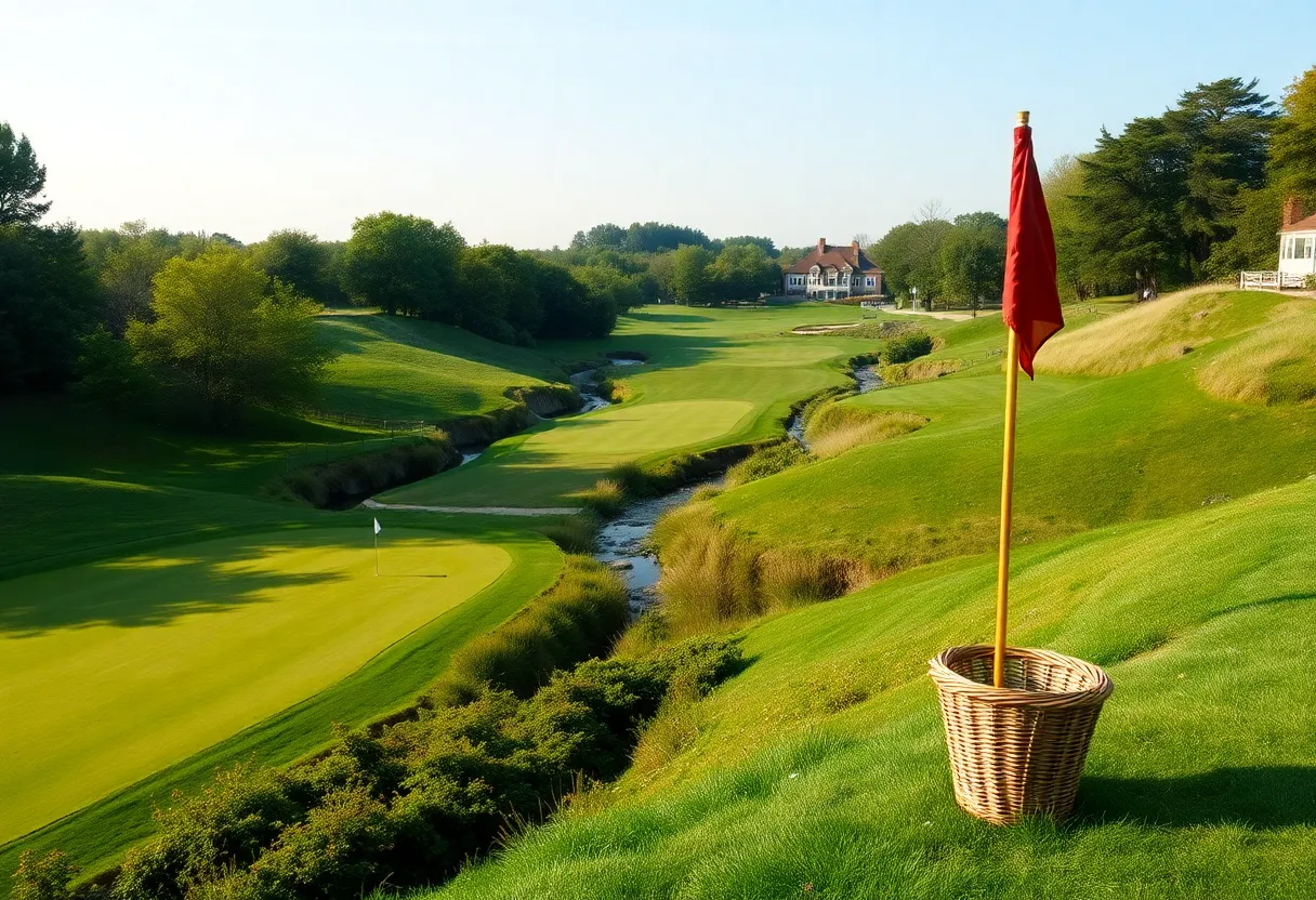 Scenic view of Merion Golf Club East Course with wicker basket flagsticks