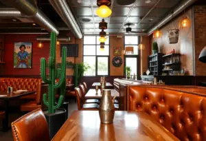 Interior view of Mi Casa Tex-Mex restaurant showcasing rustic design elements