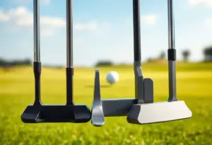 Display of Mizuno M.CRAFT City Series putters on a golf course