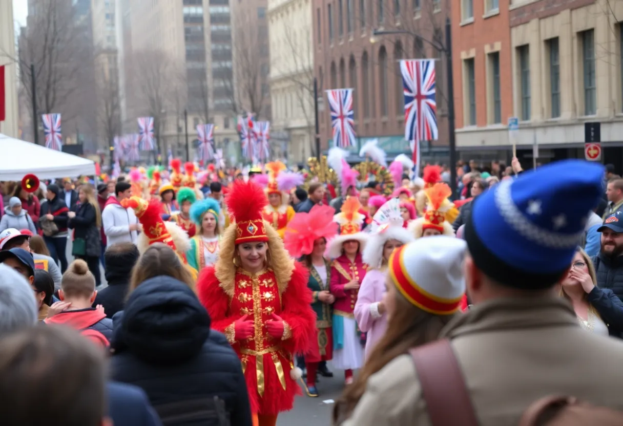 Colorful costumes and performers at the Mummers Parade in Philadelphia.