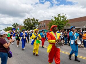Participants in colorful costumes at the Mummers Parade in windy conditions