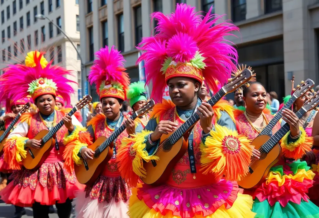 Colorful Mummers Parade with musicians in vibrant costumes performing.