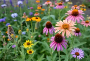 Colorful native plants in a Philadelphia garden attracting pollinators