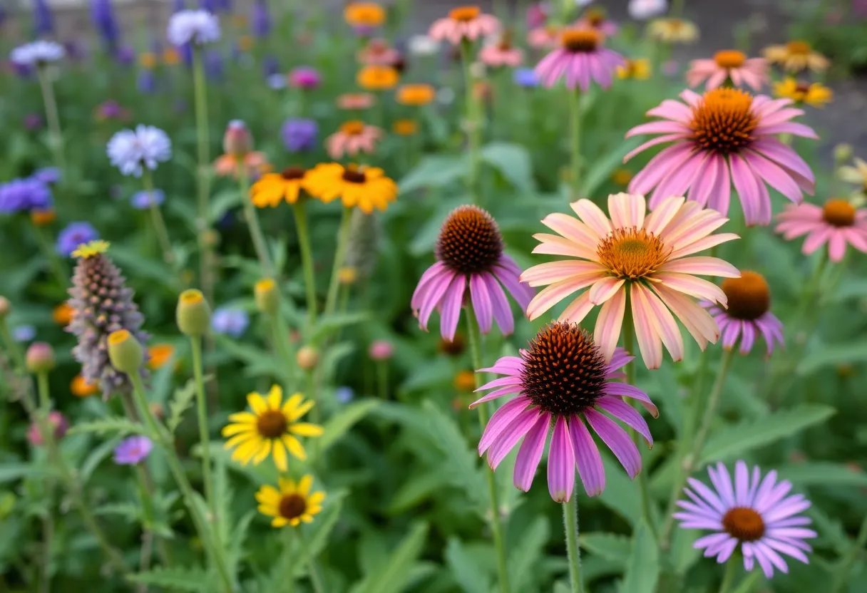 Colorful native plants in a Philadelphia garden attracting pollinators
