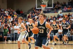 High school basketball players in action during a tournament.